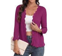GRECERELLE Cardigan léger à col en V festonné à manches 3/4 pour femme - Pull côtelé doux et décontracté - Vêtement d'extérieur élégant, rose vif, XXL