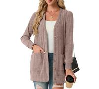 GRECERELLE Cardigan long ouvert sur le devant pour femme, cardigan côtelé léger décontracté à col en V avec poches pour femme, printemps, été, automne