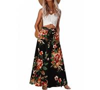 GRECERELLE Jupe longue pour femme - Vert menthe - Avec cordon de serrage - Légère - Pour l'été - Décontractée - Plage - Vacances, Noir à fleurs brunes, L