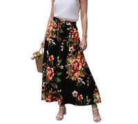 GRECERELLE Jupe longue pour femme - Vert menthe - Avec cordon de serrage - Légère - Pour l'été - Décontractée - Plage - Vacances, Noir à fleurs brunes, XXL