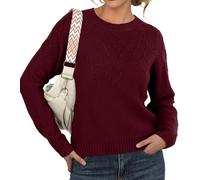 GRECERELLE Pull d'hiver à manches longues et col rond pour femme Motif géométrique, rouge vin, M