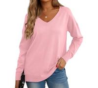 GRECERELLE Pull Femme Col V Décontracté en Tricot avec Manches Longues - Pullover Chic et Élégant pour l'hiver (Rose, L)