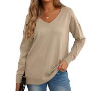 GRECERELLE Pull Femme Col V Décontracté en Tricot avec Manches Longues - Pullover Chic et Élégant pour l'hiver (Kaki, XL)