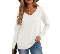 GRECERELLE Pull Femme Col V Décontracté en Tricot avec Manches Longues - Pullover Chic et Élégant pour l'hiver (Blanc, XXL)