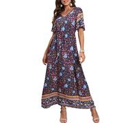 GRECERELLE Robe de plage longue d'été bohème pour femme - Imprimé floral - Col en V - Manches courtes - Cordon de serrage - Taille haute, Dahlia Navy, L