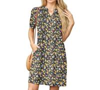GRECERELLE Robe d'été décontractée à manches courtes et col en V avec poches pour femme, Noir avec fleur jaune, M