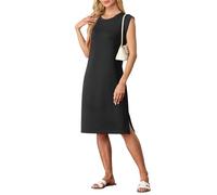 GRECERELLE Robe d'été midi élégante pour femme, robe chemise décontractée sans manches avec fente latérale et poches - Longueur midi élégante, Noir , XXL