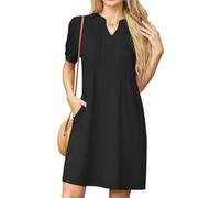 GRECERELLE Robe d'été pour femme à manches courtes avec col en V - T-shirt Mini robe en tube - Tunique - Robes pour femmes - Légère robe courte décontractée pour la plage avec poches, Noir , M