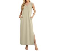 GRECERELLE Robe d'été pour femme - Longue - Légère - Élégante - Longueur genou - Décontractée - Col en V - Avec poches et fente, Abricot, L