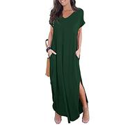 GRECERELLE Robe Longue d'été décontractée à Manches Courtes et col en V avec Poche pour Femme, 08 C Vert foncé, XL
