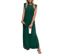 GRECERELLE Robe longue d'été décontractée pour femme, style élégant, robe longue basique sans manches pour femme, avec fentes et poches, vert foncé, XXL