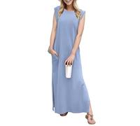GRECERELLE Robe longue d'été décontractée pour femme, style élégant, robe longue basique sans manches pour femme, avec fentes et poches, bleu ciel, XL