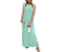 GRECERELLE Robe longue d'été décontractée pour femme, style élégant, robe longue basique sans manches pour femme, avec fentes et poches, bleu clair, XL