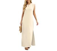 GRECERELLE Robe longue d'été décontractée pour femme, style élégant, robe longue basique sans manches pour femme, avec fentes et poches, Blanc abricot, XXL