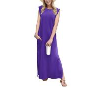 GRECERELLE Robe longue d'été décontractée pour femme, style élégant, robe longue basique sans manches pour femme, avec fentes et poches, violet foncé, M