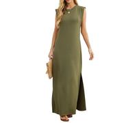 GRECERELLE Robe longue d'été pour femme - Robe chemise décontractée et élégante - Robe longue basique sans manches pour femme avec fentes et poches, 06 Vert kaki., L