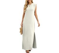 GRECERELLE Robe maxi d'été pour femmes, robes chemises décontractées, styles élégants, robes maxi basiques sans manches pour femmes UK avec fente et poches, ecru, L