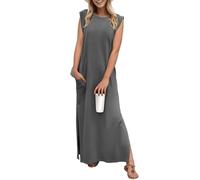 GRECERELLE Robe maxi d'été pour femmes, robes chemises décontractées, styles élégants, robes maxi basiques sans manches pour femmes UK avec fente et poches, gris foncé, M