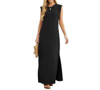 GRECERELLE Robe maxi d'été pour femmes, robes chemises décontractées, styles élégants, robes maxi basiques sans manches pour femmes UK avec fente et poches, 01 Noir, S