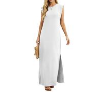 GRECERELLE Robe maxi d'été pour femmes, robes chemises décontractées, styles élégants, robes maxi basiques sans manches pour femmes UK avec fente et poches, blanc, S