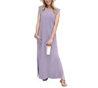 GRECERELLE Robe maxi d'été pour femmes, robes chemises décontractées, styles élégants, robes maxi basiques sans manches pour femmes UK avec fente et poches, violet, XXL