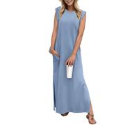 GRECERELLE Robe maxi d'été pour femmes, robes chemises décontractées, styles élégants, robes maxi basiques sans manches pour femmes UK avec fente et poches, bleu jean, L