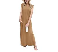 GRECERELLE Robe maxi d'été pour femmes, robes chemises décontractées, styles élégants, robes maxi basiques sans manches pour femmes UK avec fente et poches, camel, XL