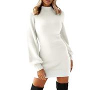 GRECERELLE Robe-pull en tricot pour femme - Col roulé - Manches longues - Coupe ajustée - Mini - Pull d’hiver pour dames, L