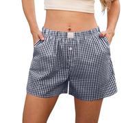 GRECERELLE Short de pyjama à carreaux en coton pour femme - Boxer mignon pour femme - Pantalon de plage décontracté - Short de détente Y2K avec poches, Motif carreaux Bleu marine, M