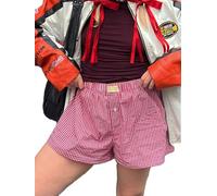 GRECERELLE Short de pyjama à carreaux en coton pour femme - Boxer mignon pour femme - Pantalon de plage décontracté - Short de détente Y2K avec poches, écossais rouge, L