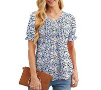 GRECERELLE T-shirt d'été élégant plissé sur le devant pour femme avec col en V et manches courtes, Fleur orange et bleue, L