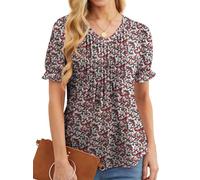 GRECERELLE T-shirt d'été élégant plissé sur le devant pour femme avec col en V et manches courtes, Noir + fleur rouge, M