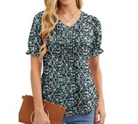 GRECERELLE T-shirt d'été élégant plissé sur le devant pour femme avec col en V et manches courtes, Rose blanche noire., XL