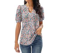 GRECERELLE Tunique plissée à manches courtes et col en V pour femme, Fleur rose et bleue, L