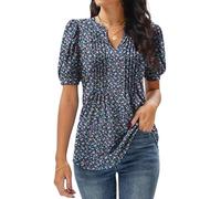 GRECERELLE Tunique plissée à manches courtes et col en V pour femme, Fleur rose, L