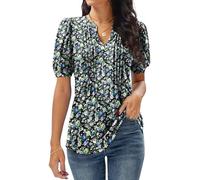 GRECERELLE Tunique plissée à manches courtes et col en V pour femme, Noir + rose blanche, M