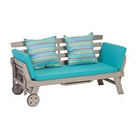 greemotion Banc de Jardin Maui pour 2 Personnes avec roulettes et Accoudoirs Pliables, Canapé de Terrasse en Bois d'Acacia 100% FSC, Gris/Turquoise