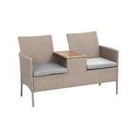 greemotion Banc de Jardin Paris 2 Places avec Table Integrée, Banc en Bois d'Eucalyptus en Poly rotin, Table en 100% FSC avec Coussins, Marron-Gris/Bois