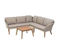 greemotion Ensemble Canapé d’Angle pour Jardin Murcia en Résine Tressée et Bois d’Acacia FSC® 100%, 2 Canapés et Table, Coussins Inclus, Beige/Bois