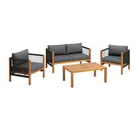 greemotion Ensemble Salon de Jardin Abaco, Canapé, Set de 2 Fauteils et Table en Bois d’Acacia FSC® 100%, Coussins en Polyester Inclus, Gris/Bois/Noir