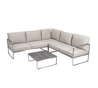 greemotion Meubles de Jardin Sydney pour 5 Personnes, Ensemble de 2 Bancs, 1 Fauteuil d'angle et 1 Table en INOX avec Coussins, Argent/Anthracite/Beige