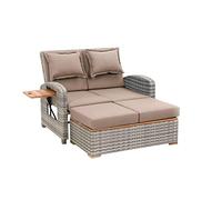 Greemotion Salon de Jardin en rotin Style Bahia 3 en 1 avec Parties en Teck, canapé de Jardin avec Fonction lit, Tabouret Inclus, Gris/Taupe, env. 117 x 93 x 74 cm