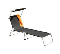 greemotion Texel Chaise Longue avec Pare-soleil, Bain de Soleil en Aluminium et Textilène avec Dossier Réglable, Chaise Longue de Jardin à 3 Pieds, Transat de Plage et Camping, Pliable, Noir-gris