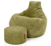Green Bean© Pouf avec Tabouret en Velours côtelé - Pouf pour Salon, Chambre à Coucher - Fauteuil pour Adulte - Vert - Environ 230 l - Rembourrage : 90 x 80 x 80 cm et 45 x 25 cm