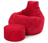 Green Bean© Pouf avec Tabouret en Velours côtelé - Pouf pour Salon, Chambre à Coucher - Fauteuil pour Adulte - Rouge - Environ 230 l - Rembourrage : 90 x 80 x 80 cm et 45 x 25 cm
