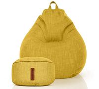 Green Bean© Set de 2 Pouf d'Intérieur + Tabouret avec Remplissage de Perles EPS - Repose-Pieds Coussin de Pieds Sol Repos Siège Lounge Chair Chaise Fauteuil Relaxation Bean Bag Jaune