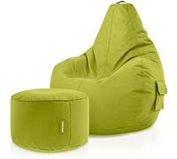 Green Bean© Set de 2: Pouf + Tabourets - remplis - Robustes lavables résistants à la saleté - Enfants & Adultes Bean Bag Coussin de Sol Lounge Chaise Fauteuil Relax Gamer Siège de Gaming - Vert