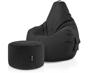 Green Bean© Set de 2: Pouf + Tabourets - remplis - Robustes lavables résistants à la saleté - Enfants & Adultes Bean Bag Coussin de Sol Lounge Chaise Fauteuil Relax Gamer Siège de Gaming - Noir