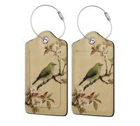 Green Bird On The Branch of Ancient Tree Lot de 2 étiquettes de bagage en cuir avec rabat d'intimité et boucle en métal pour homme et femme