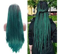 Green Box Perruque tressée pour femme noire longue et douce ombrée noire et verte avec dentelle frontale entièrement faite à la main synthétique naturelle légère Tresses résistantes à la chaleur pour